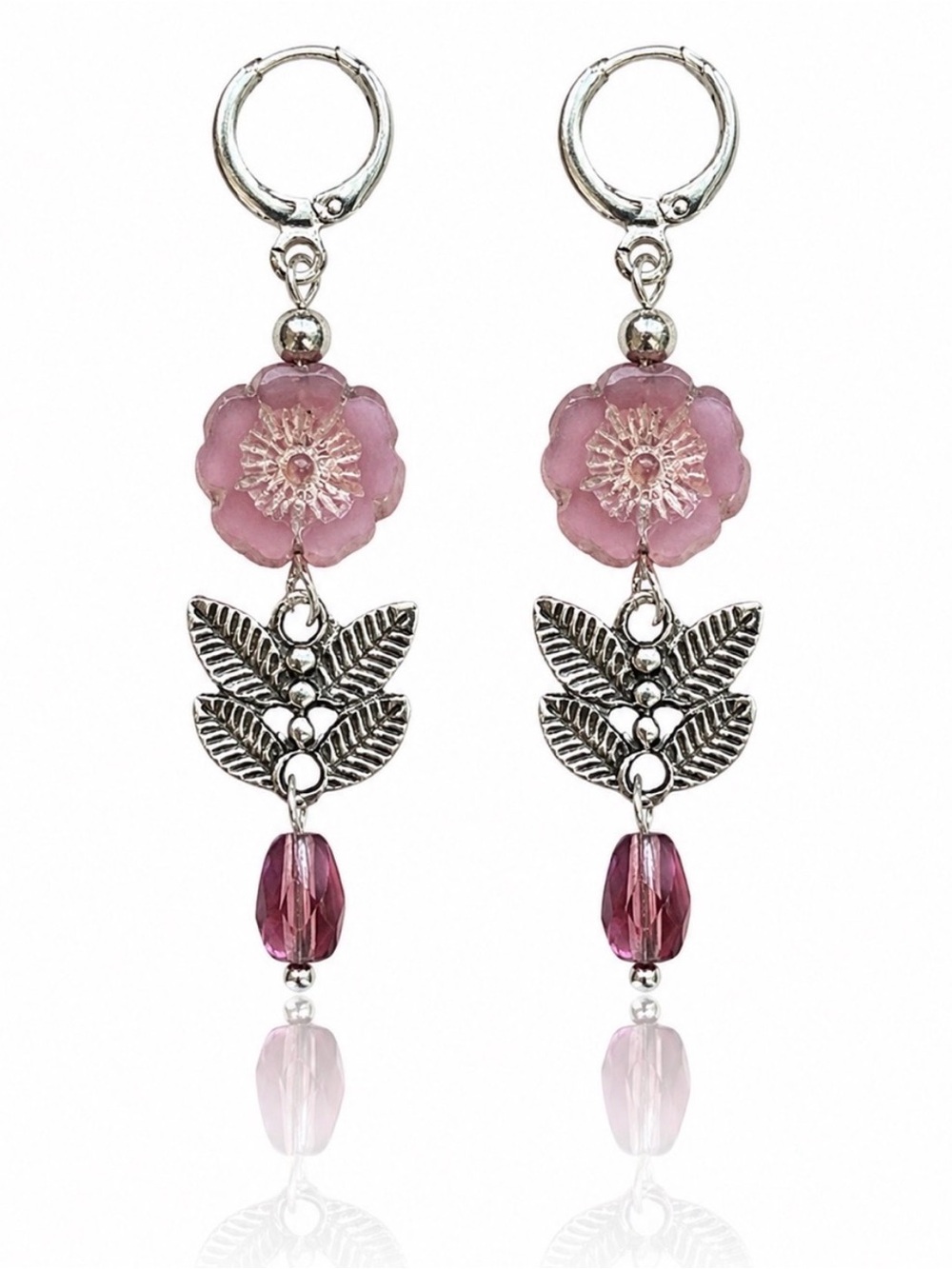 Pink Czech Glass Flower Earrings, Silver Leaf Dangle Leverbacks - Picture 4 of 5
